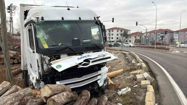 KONTROLDEN ÇIKAN TIR, KERESTE FABRİKASININ DEPOSUNA GİRDİ